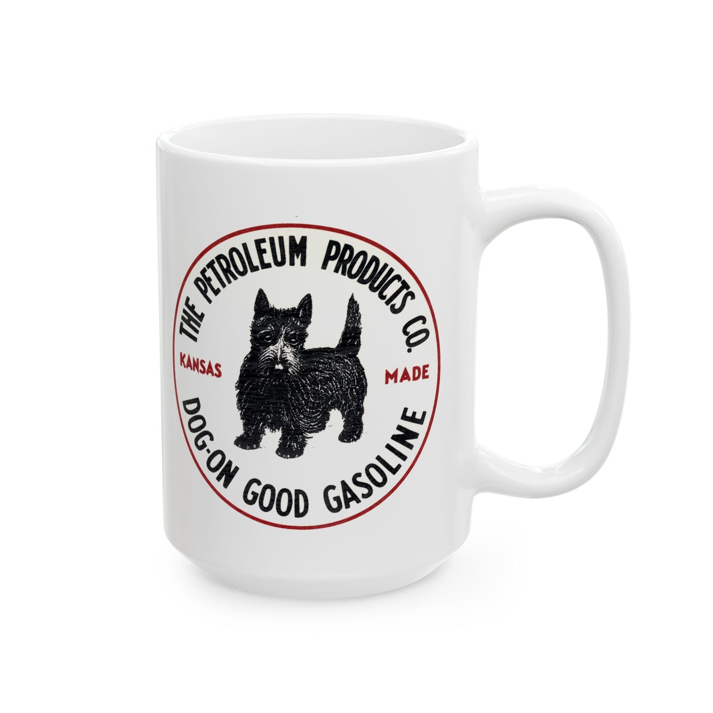 Dog-On Good Gasoline white coffee mug detail — Scottie dog graphic — The Faded Label Co.