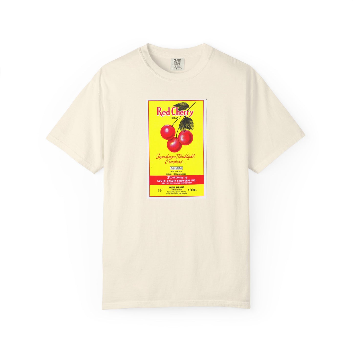 Red Cherry Brand Firecrackers t-shirt white — vintage South Dakota fireworks label tee — The Faded Label Co.
