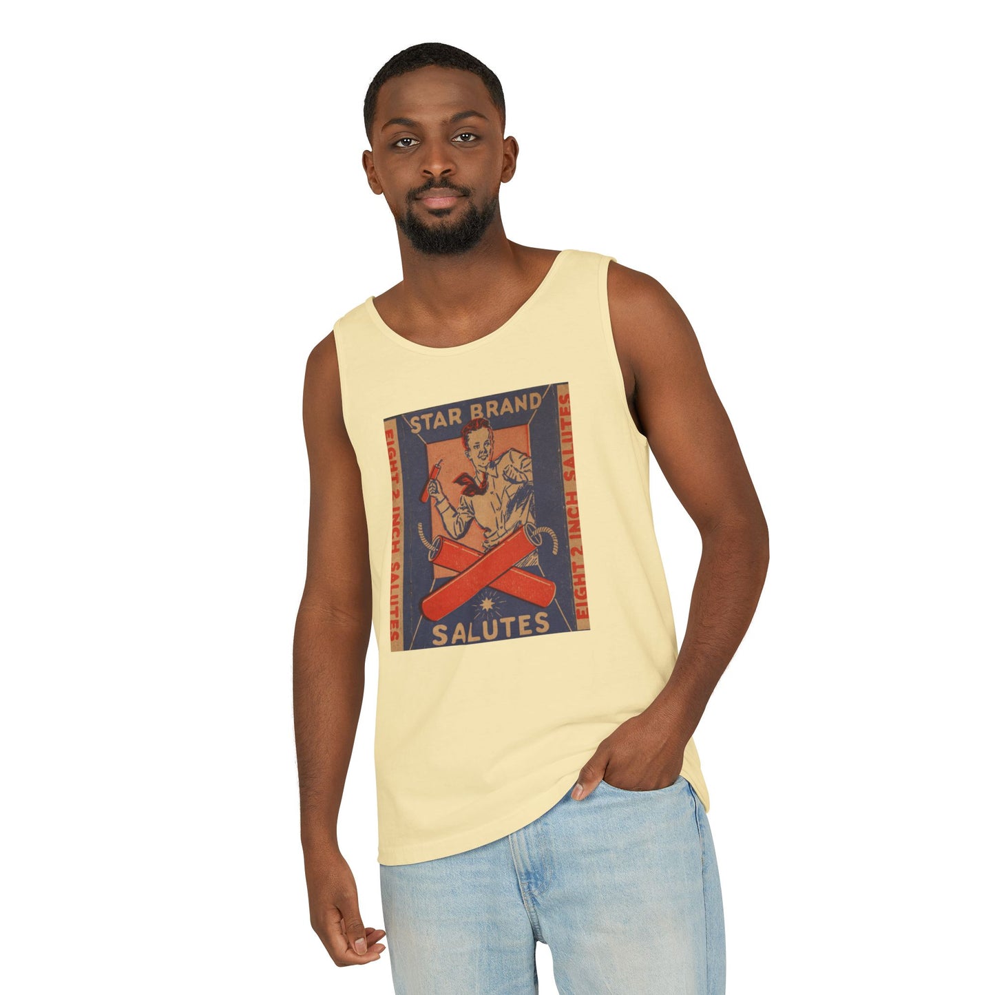 Star Brand Salutes tank top flat lay white — Comfort Colors 9360 unisex tank — The Faded Label Co.