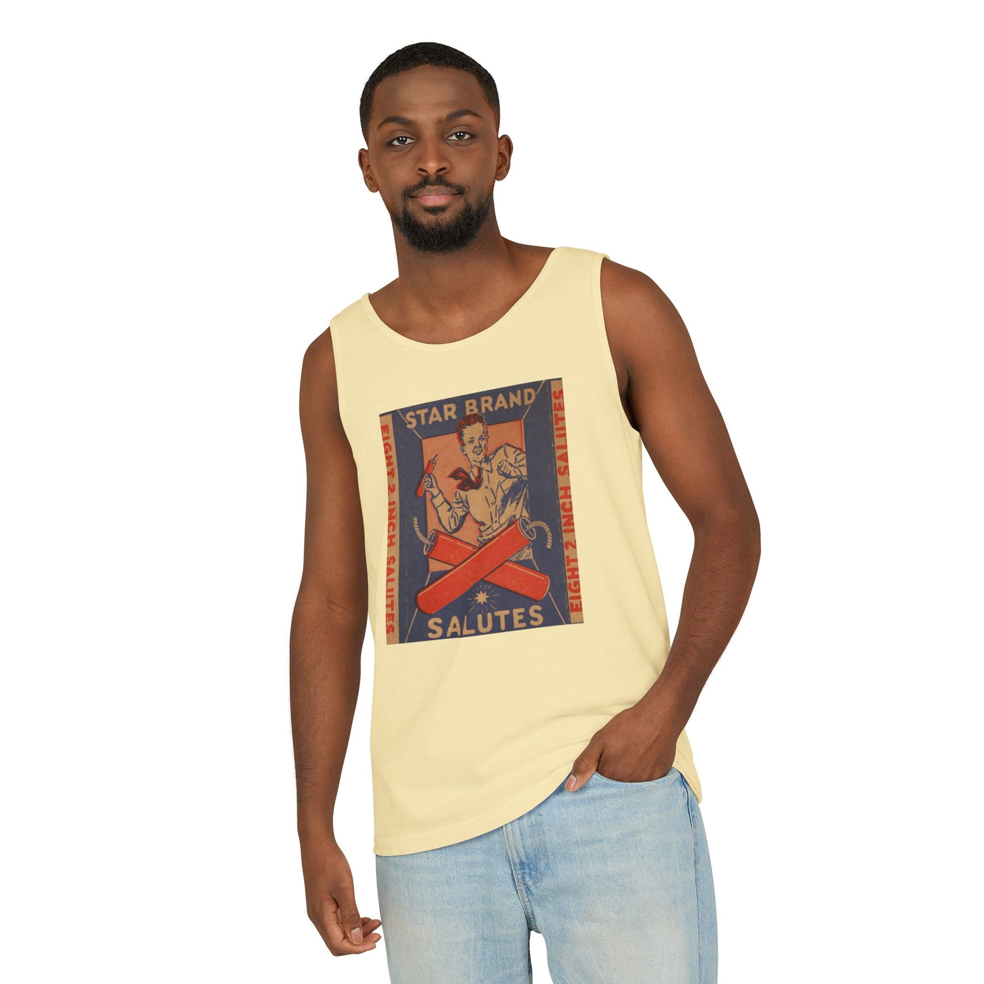 Star Brand Salutes tank top flat lay white — Comfort Colors 9360 unisex tank — The Faded Label Co.