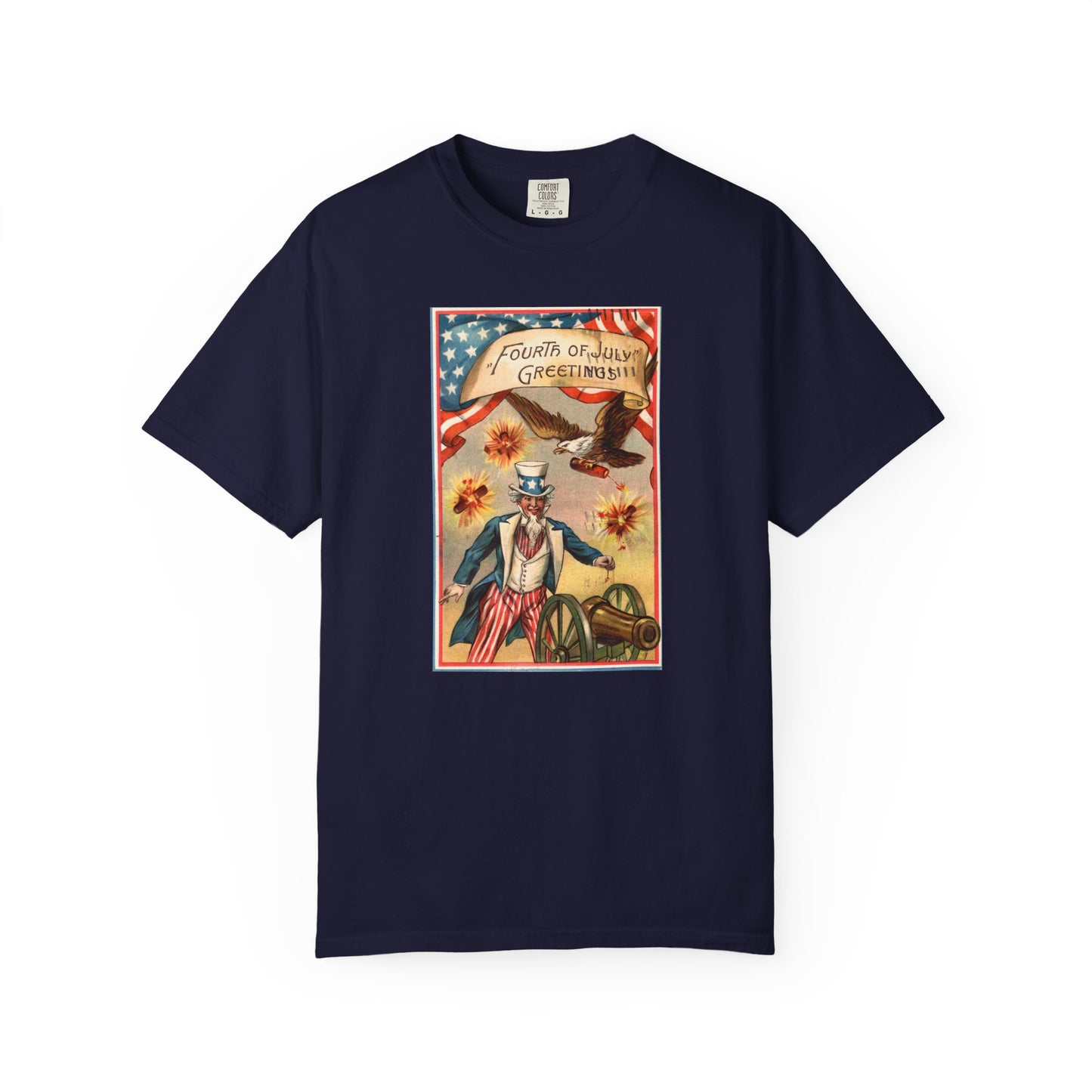 Fourth of July Greetings Uncle Sam t-shirt ivory — vintage patriotic postcard art — The Faded Label Co.