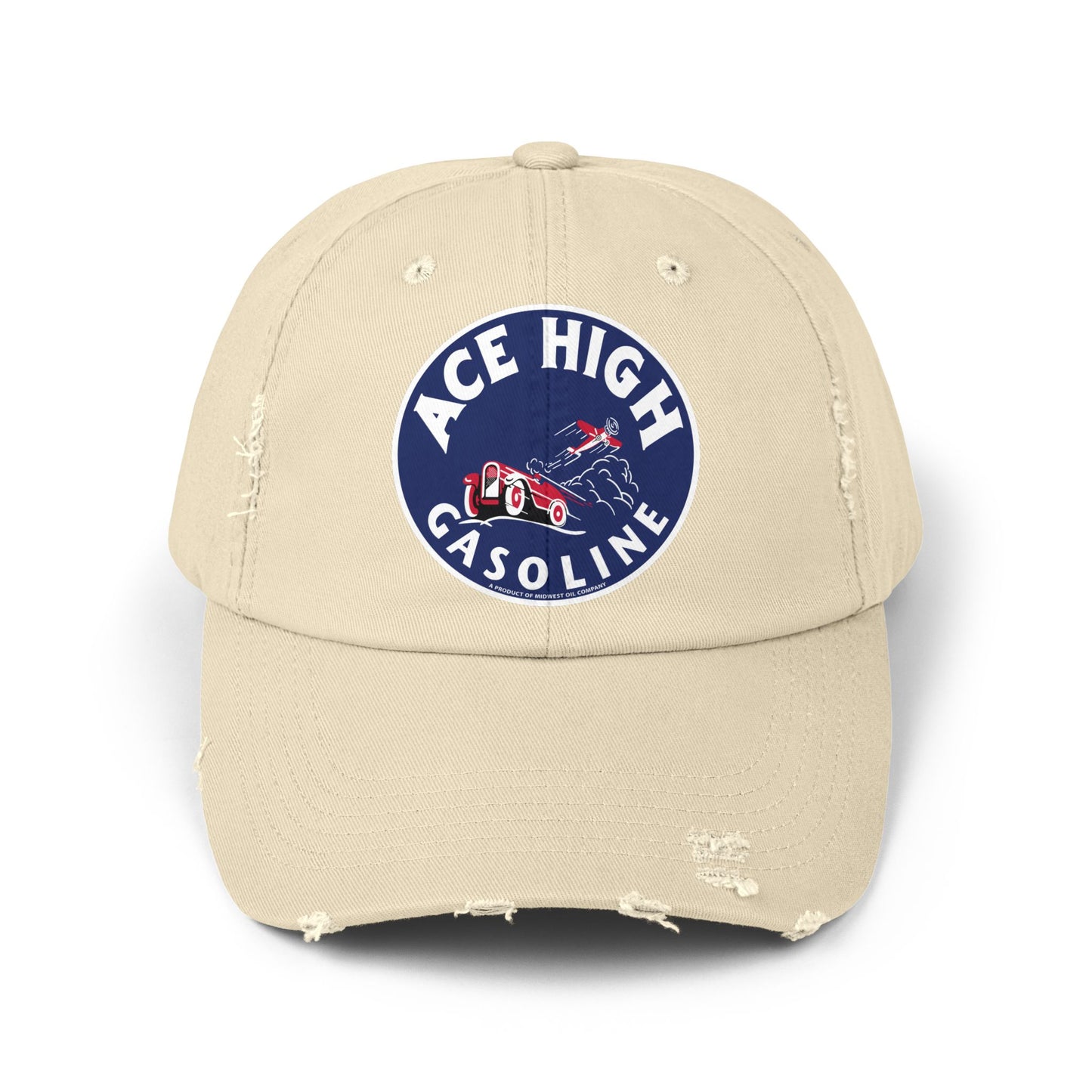 Ace High Gasoline distressed cap — biplane emblem detail — The Faded Label Co.