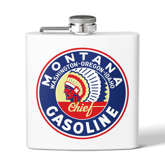 Montana Chief Gasoline flask navy — vintage petroliana gift — The Faded Label Co.