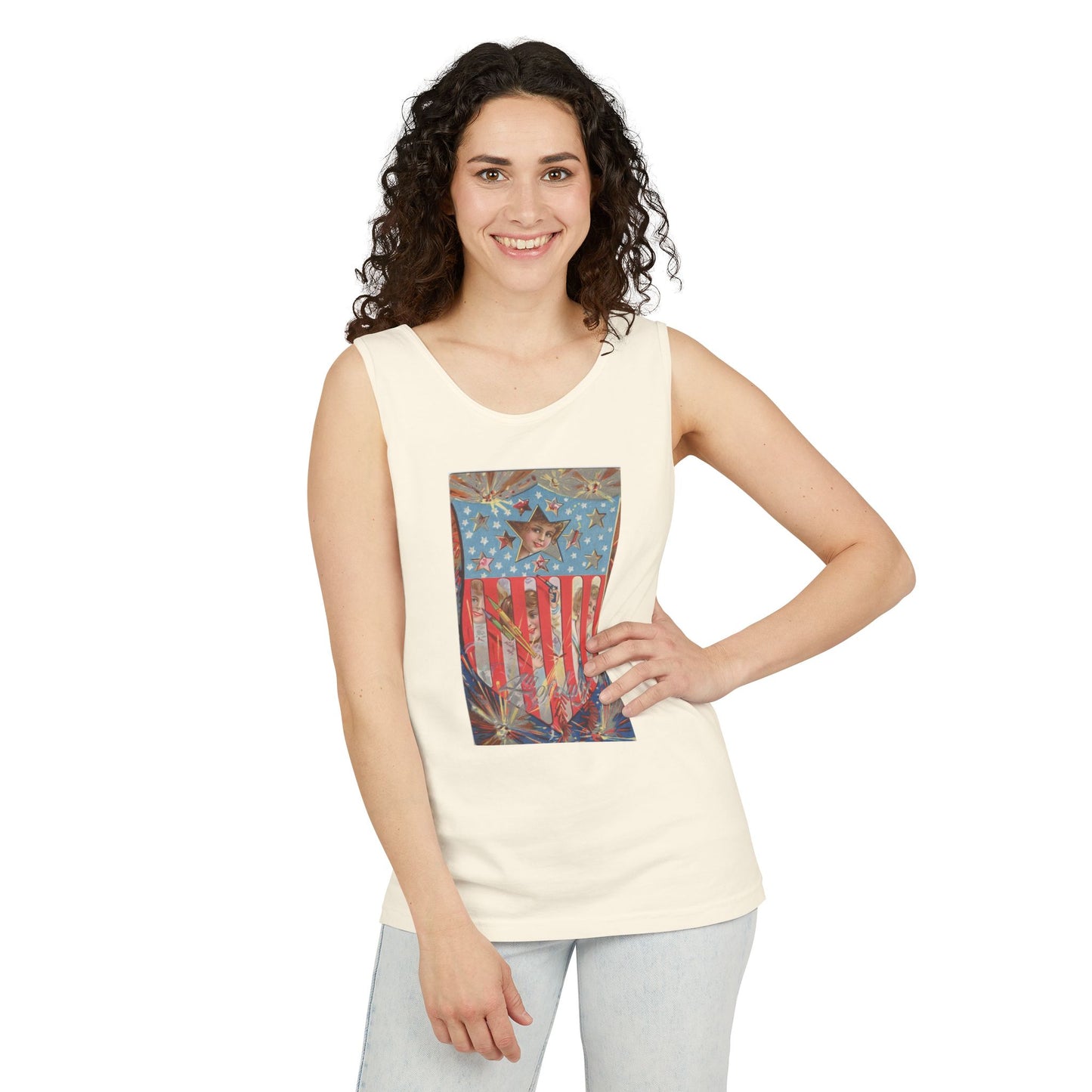 4th of July Shield Girls tank top on model — vintage patriotic graphic tank — The Faded Label Co.