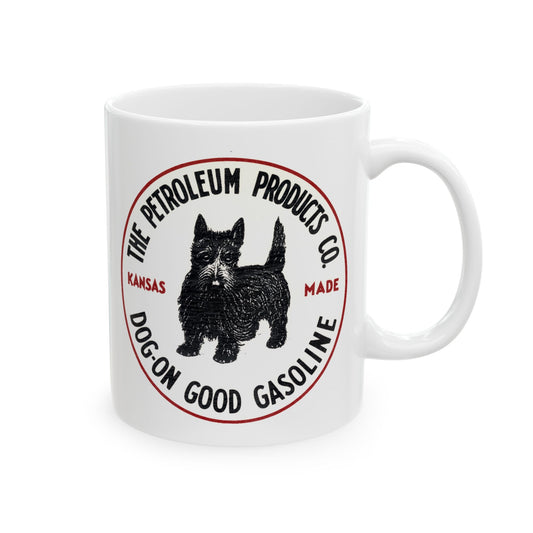 Dog-On Good Gasoline white coffee mug — vintage Scottie dog petroliana art — The Faded Label Co.