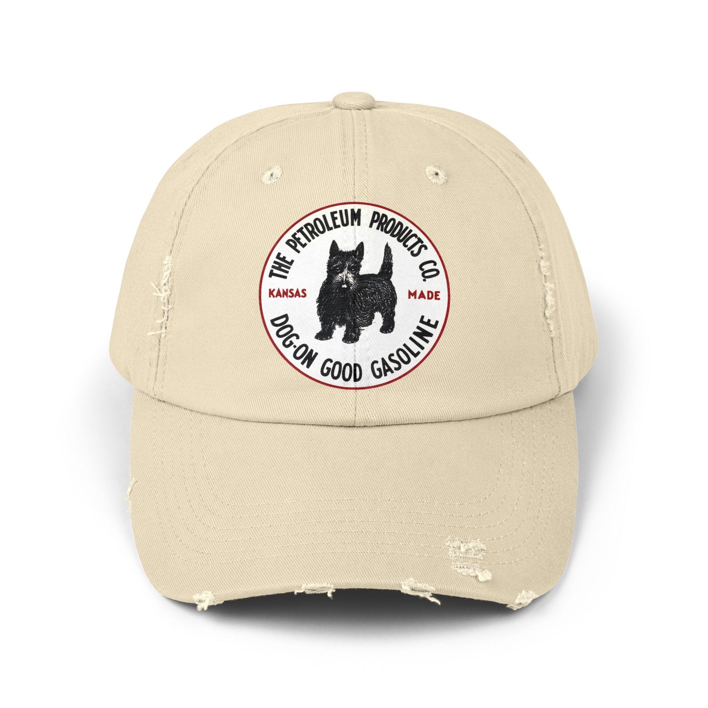 Dog-On Good Gasoline distressed cap — vintage Scottie dog petroliana hat — The Faded Label Co.