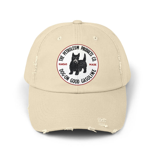 Dog-On Good Gasoline distressed cap — vintage Scottie dog petroliana hat — The Faded Label Co.