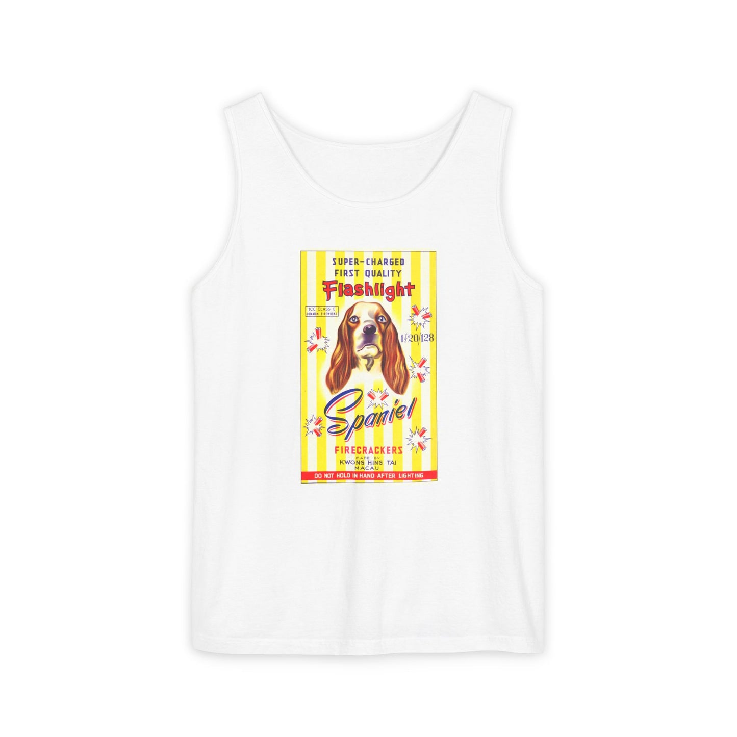 Spaniel Brand Firecrackers unisex tank top — vintage 4th of July fireworks art — The Faded Label Co.