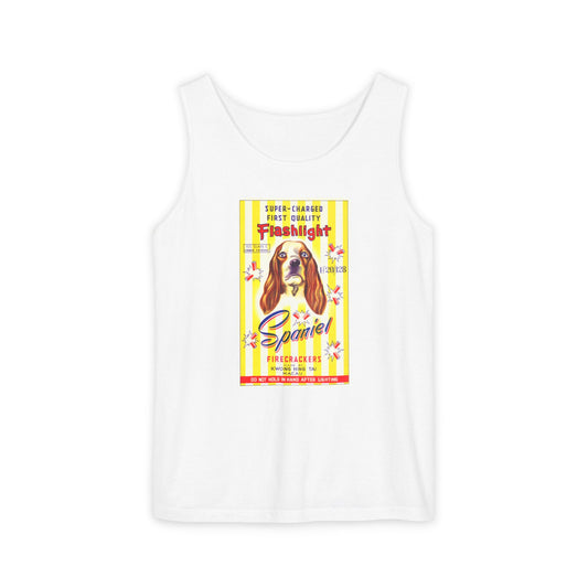 Spaniel Brand Firecrackers unisex tank top — vintage 4th of July fireworks art — The Faded Label Co.