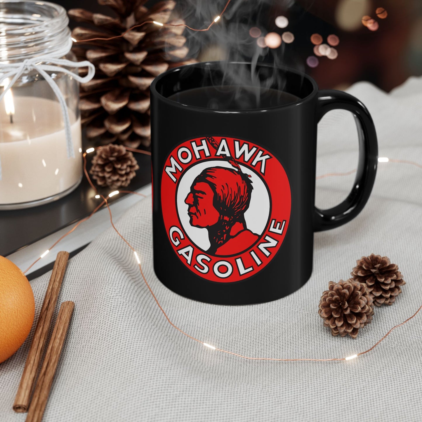 Mohawk Gasoline black coffee mug lifestyle — vintage petroliana gift for dad — The Faded Label Co.