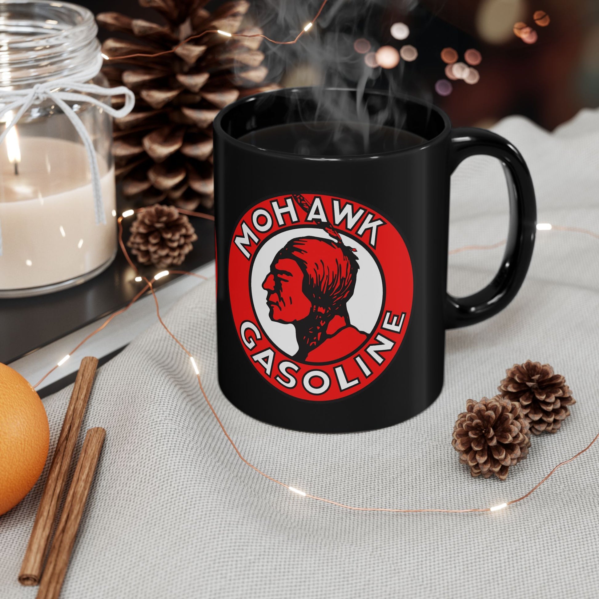 Mohawk Gasoline black coffee mug lifestyle — vintage petroliana gift for dad — The Faded Label Co.
