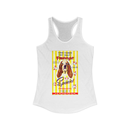 Spaniel Brand Firecrackers women's racerback tank top — vintage 4th of July fireworks art — The Faded Label Co.