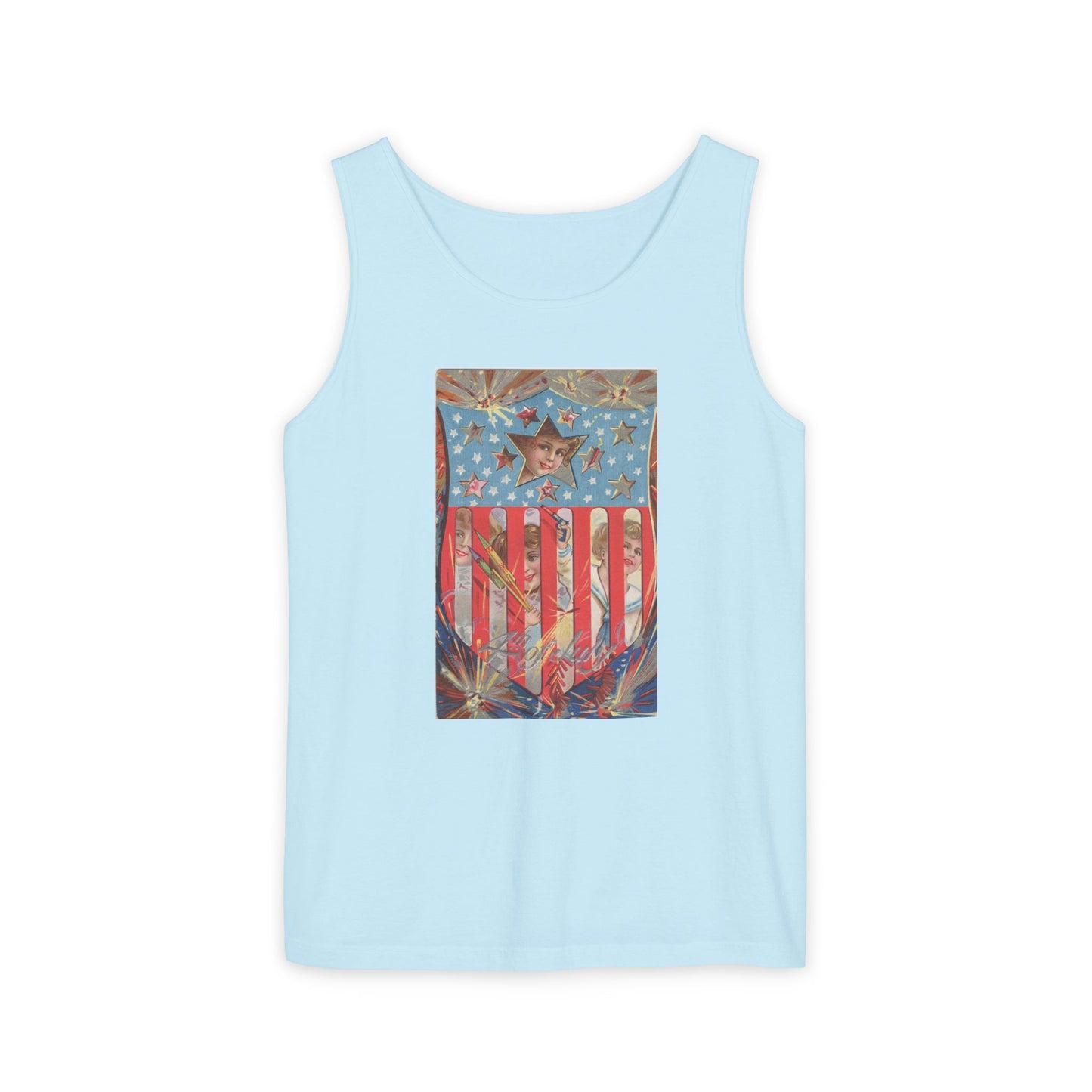 4th of July Shield Girls tank top denim — vintage embossed patriotic postcard art — The Faded Label Co.