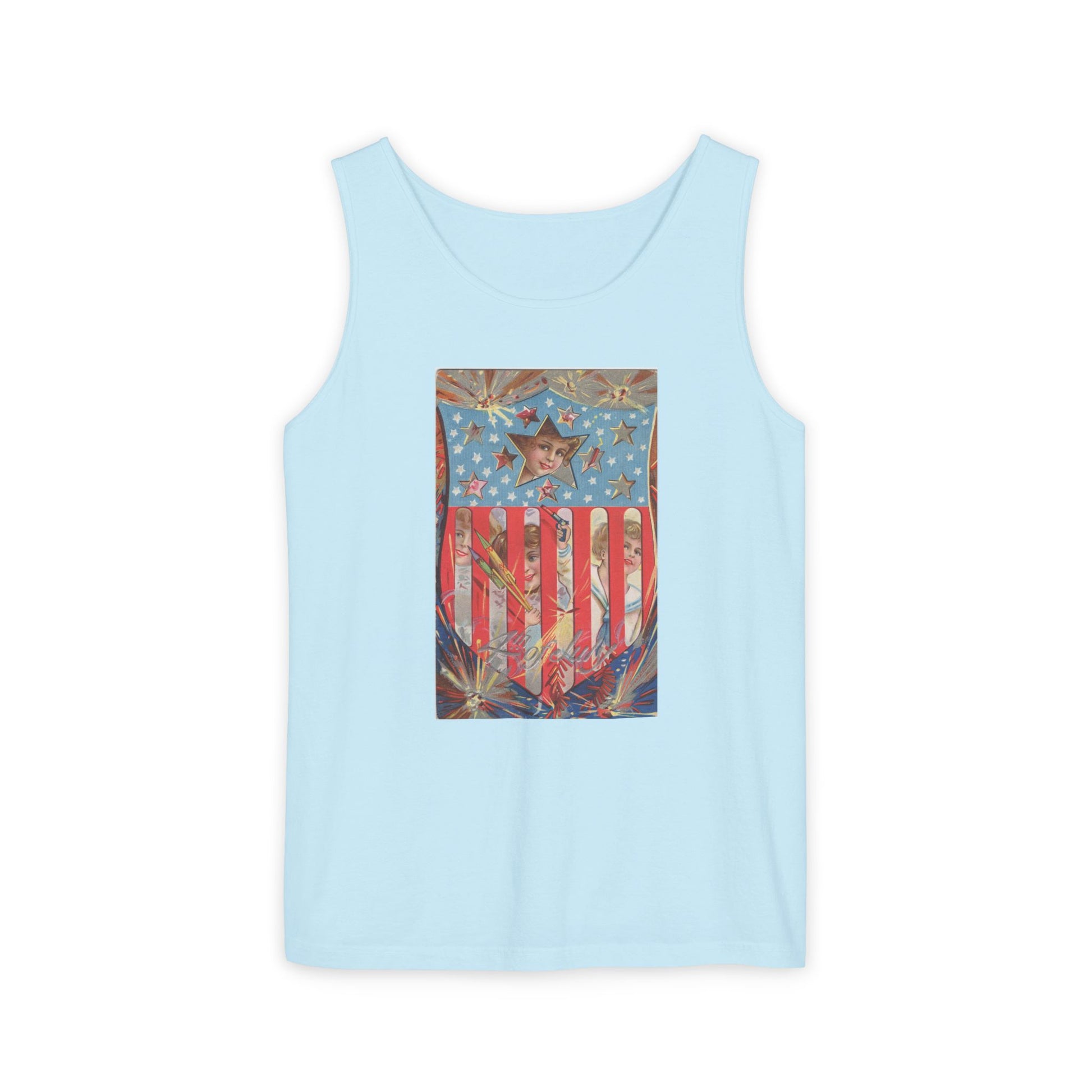 4th of July Shield Girls tank top denim — vintage embossed patriotic postcard art — The Faded Label Co.