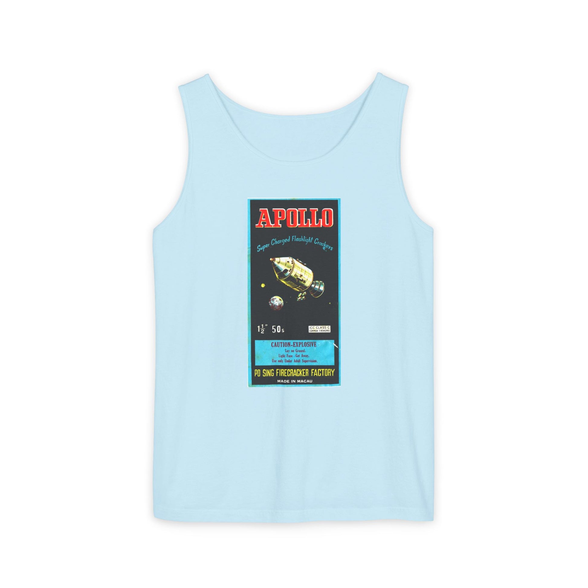 Apollo Firecrackers tank top crimson — vintage firecracker label graphic — The Faded Label Co.