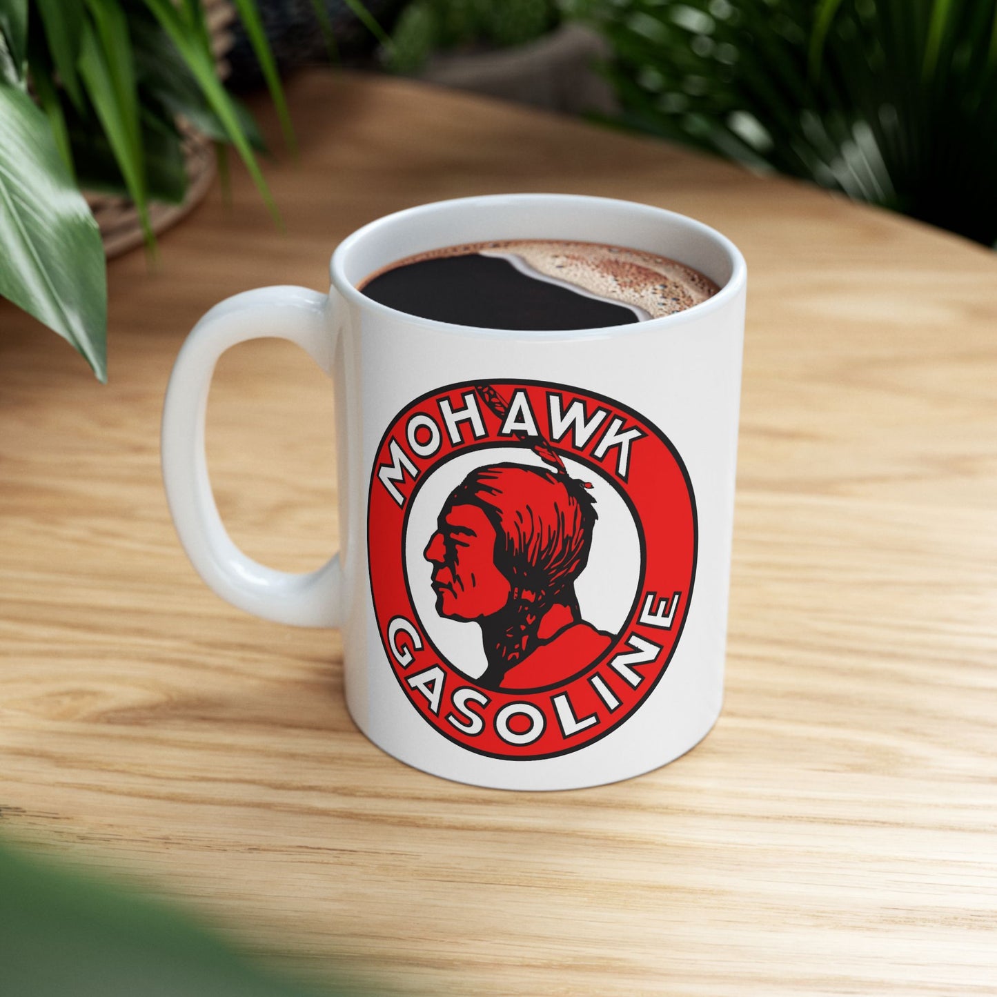 Mohawk Gasoline white coffee mug detail — vintage petroliana collector gift — The Faded Label Co.