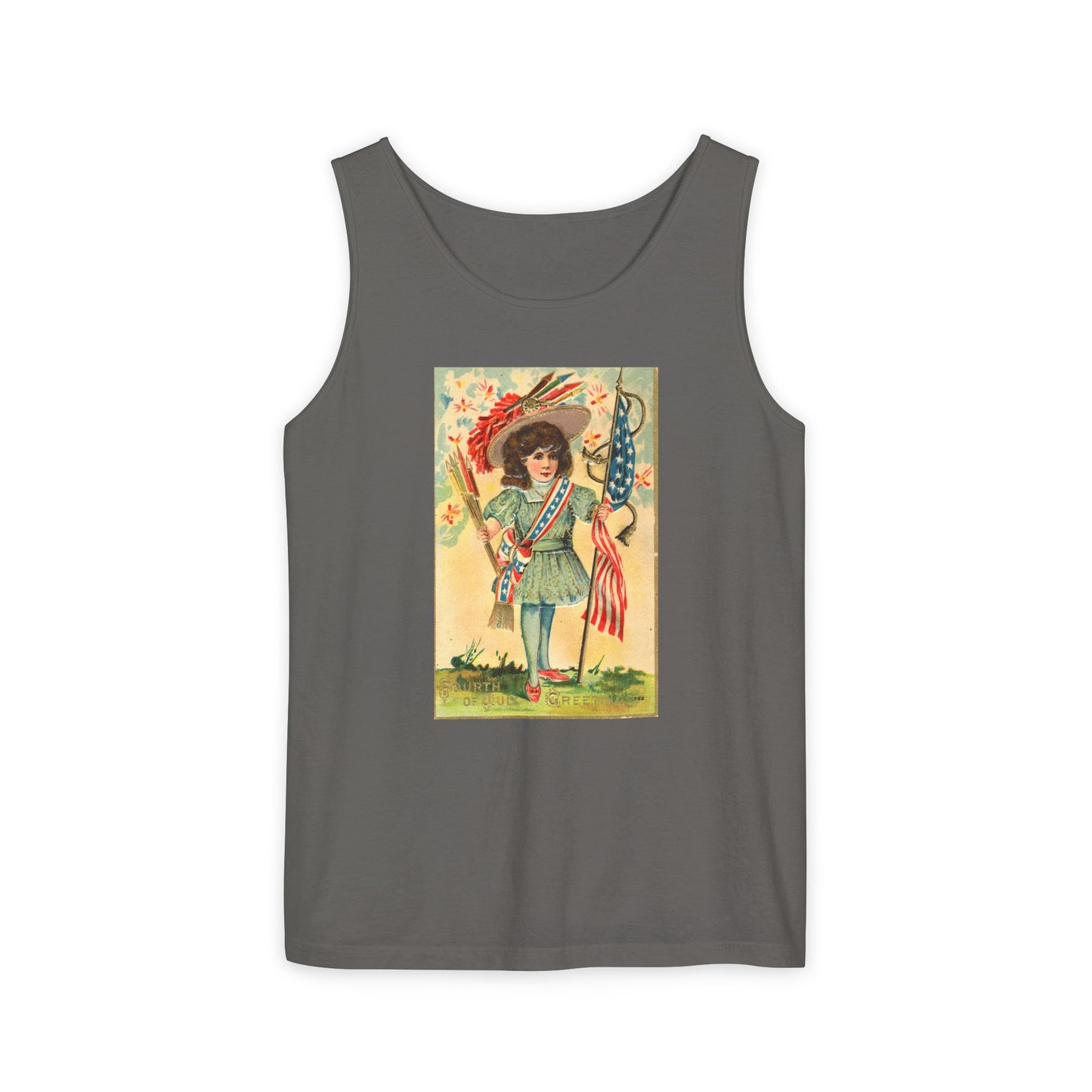 4th of July Patriotic Girl tank top butter — vintage patriotic postcard art — The Faded Label Co.