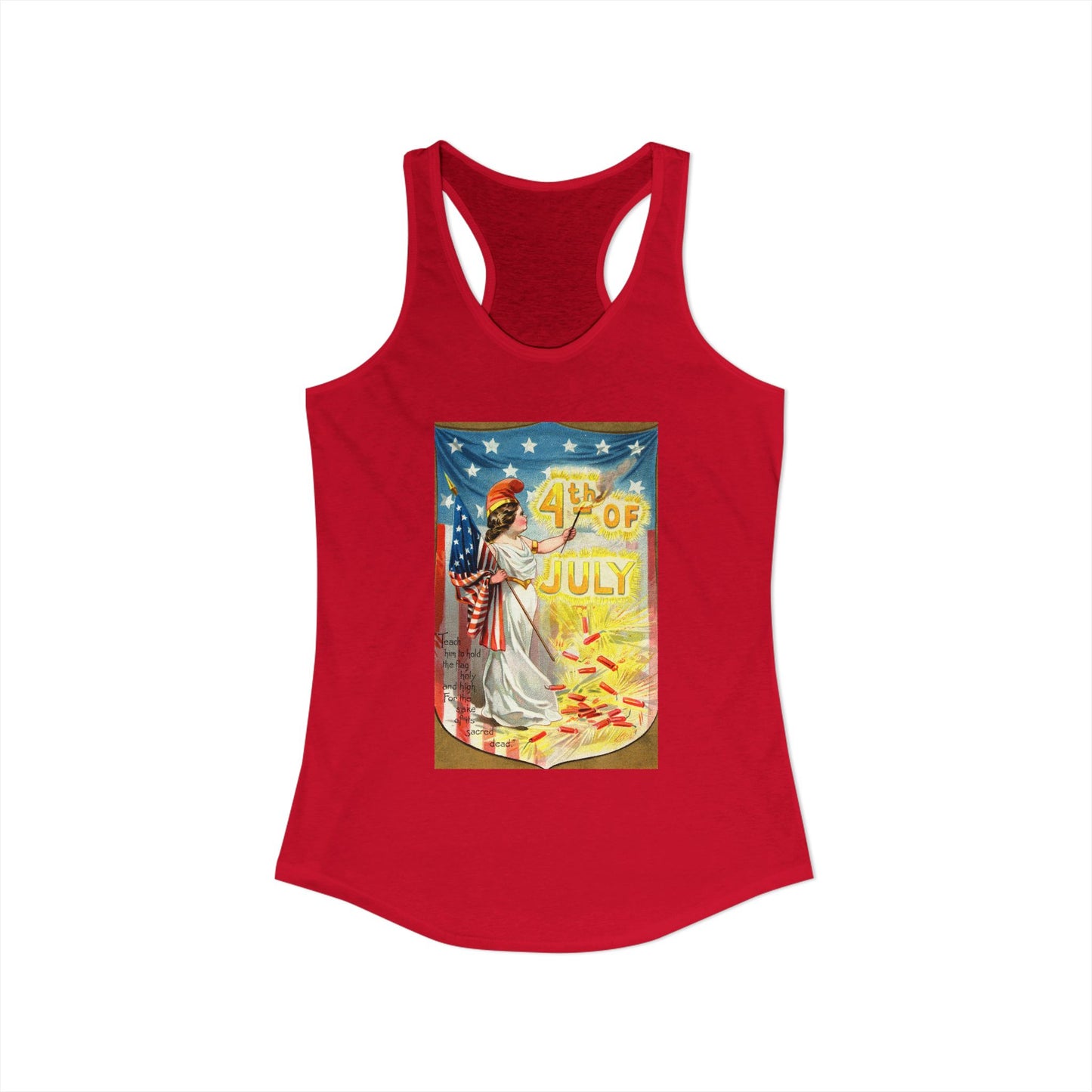 4th of July Flag Girl racerback tank white — vintage Columbia patriotic postcard art — The Faded Label Co.