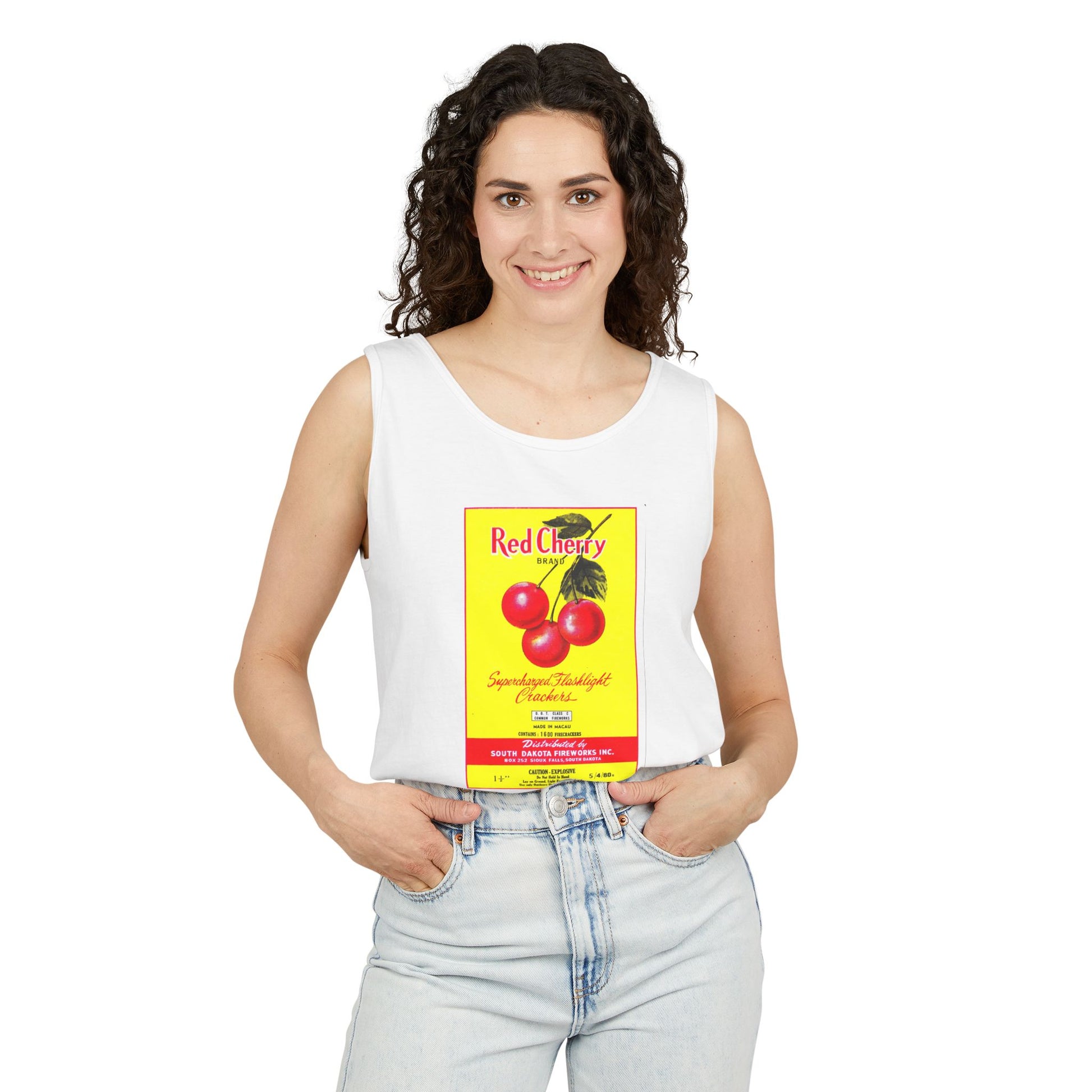 Red Cherry Brand Firecrackers tank top sand — firecracker label collector gift — The Faded Label Co.