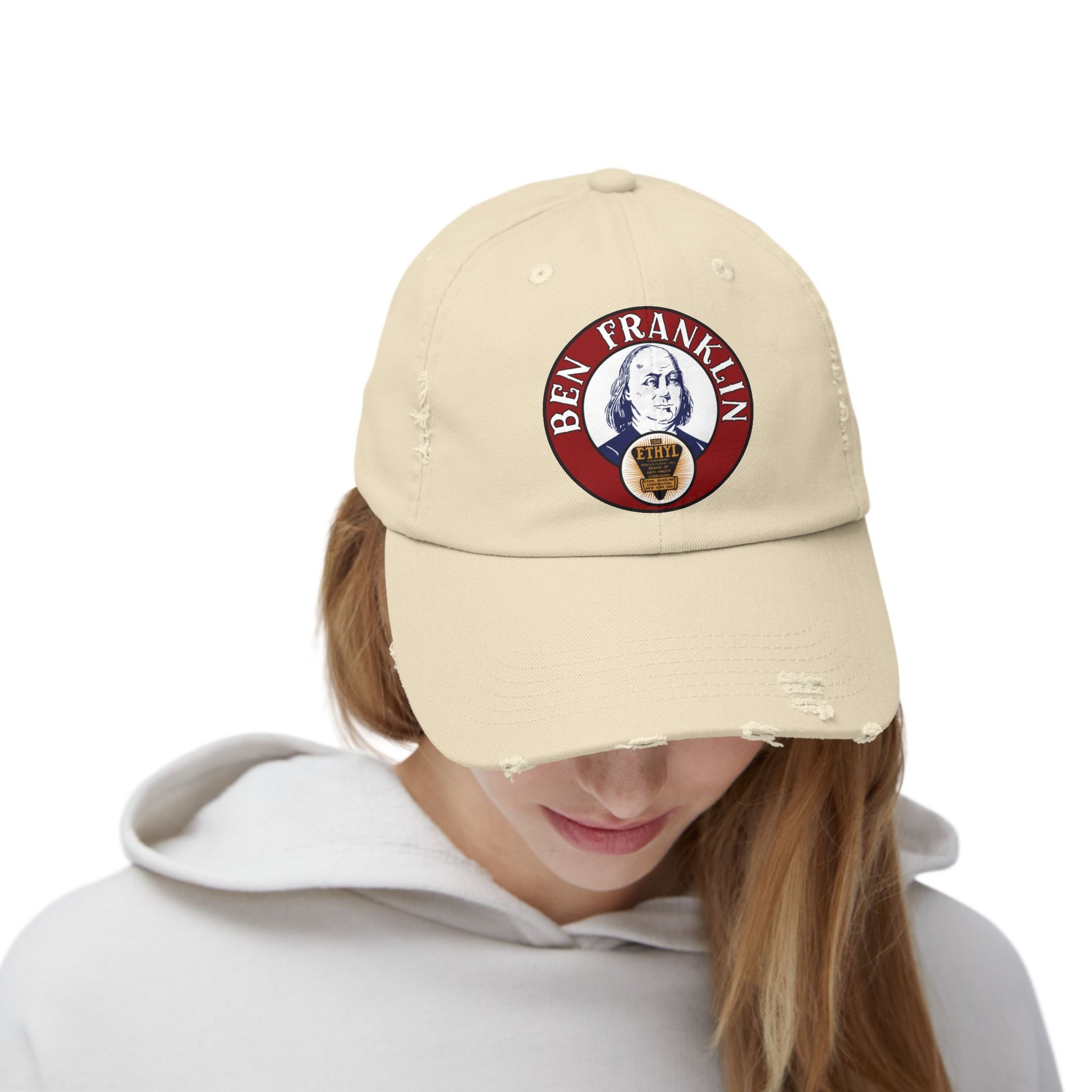 Ben Franklin Gasoline distressed cap back detail — vintage Oklahoma petroliana — The Faded Label Co.