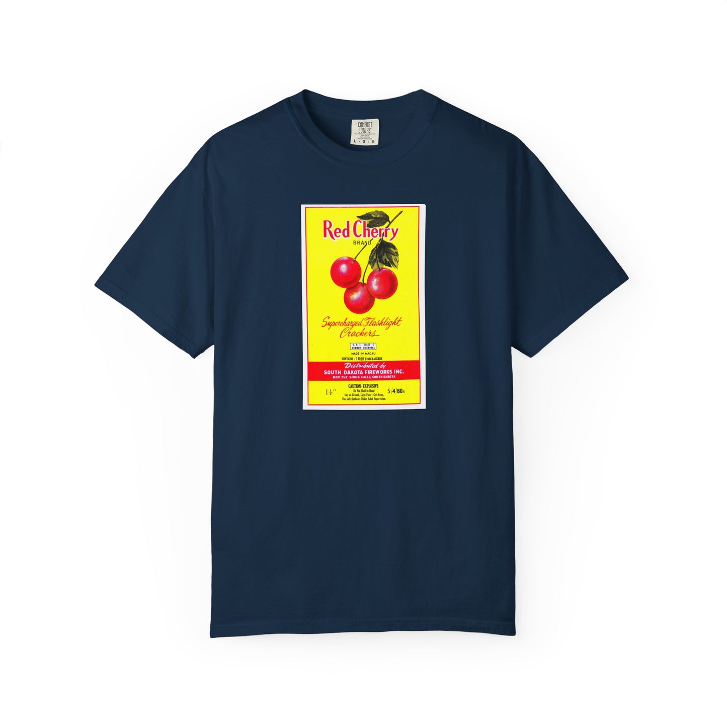 Red Cherry Brand Firecrackers t-shirt True Navy — vintage Independence Day fireworks tee — The Faded Label Co.