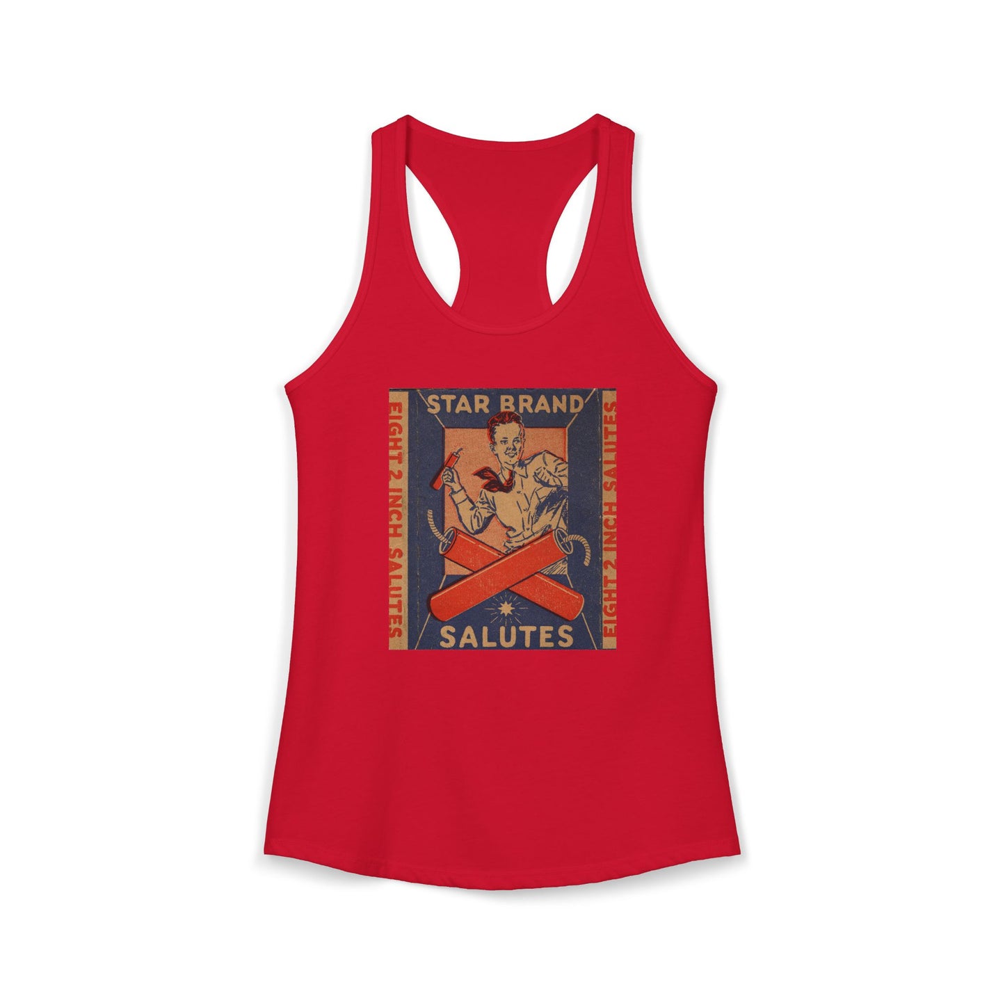 Star Brand Salutes racerback tank white — vintage fireworks label art — The Faded Label Co.