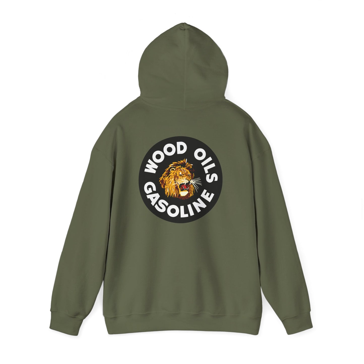 Lion Emblem Gasoline Hoodie — 'Wood Oils Gasoline' Retro Logo Sweatshirt