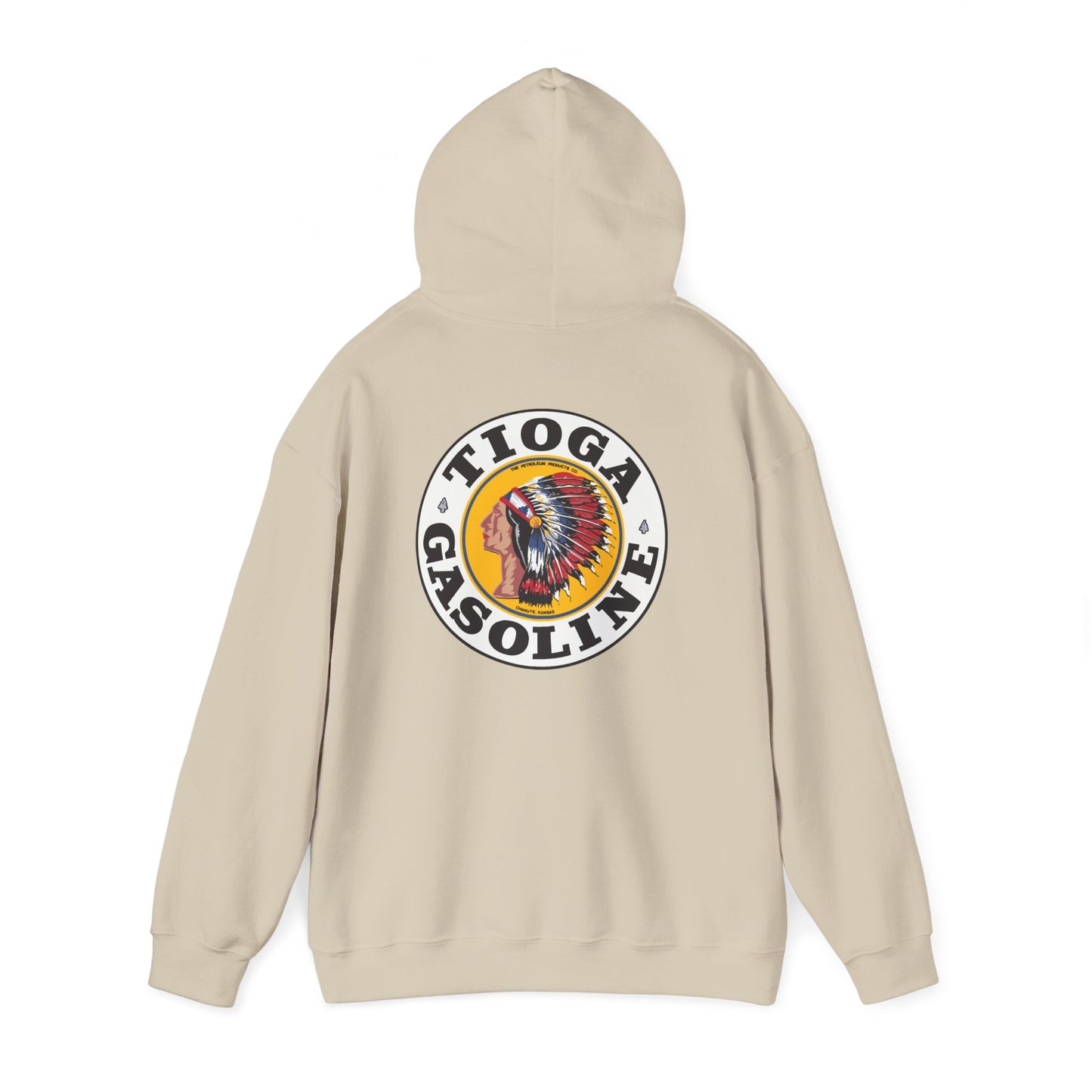 Tioga Gasoline Logo Hoodie — Vintage Native Chief Emblem