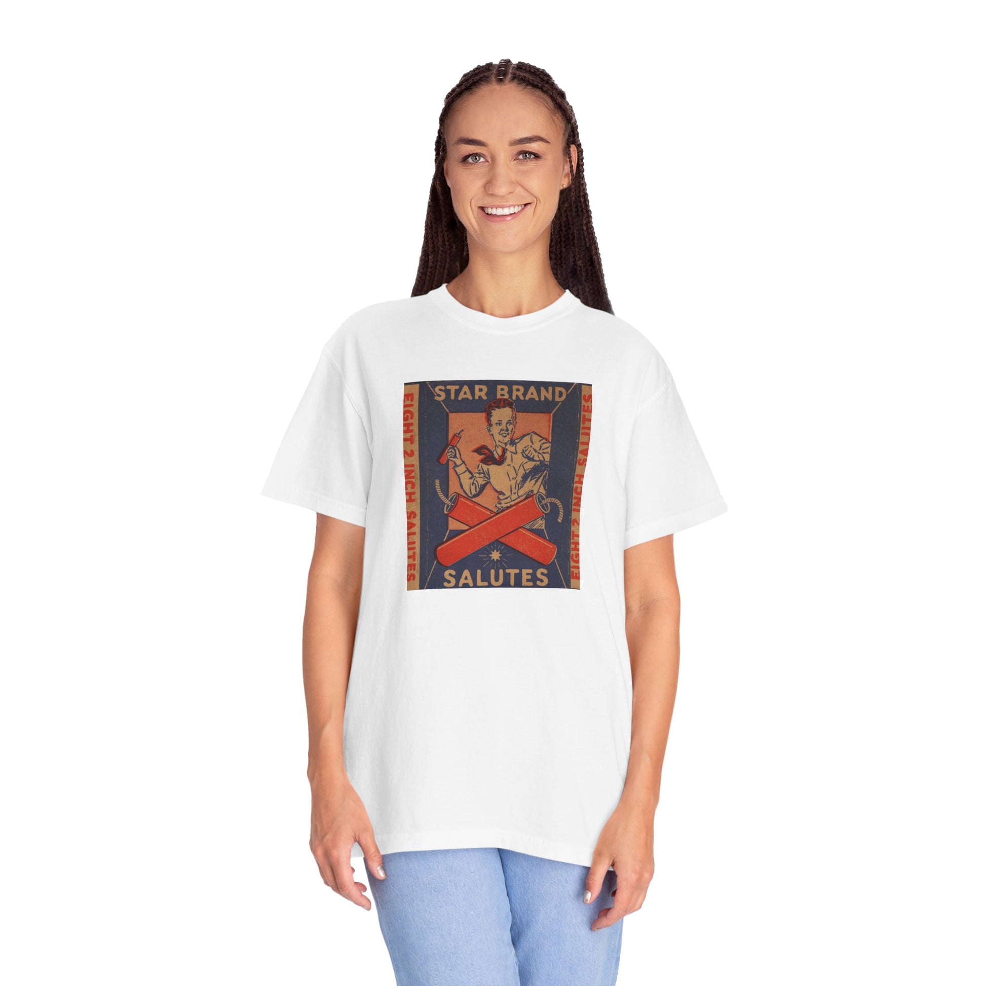 Star Brand Salutes t-shirt lifestyle — mid-century American fireworks label graphic tee — The Faded Label Co.