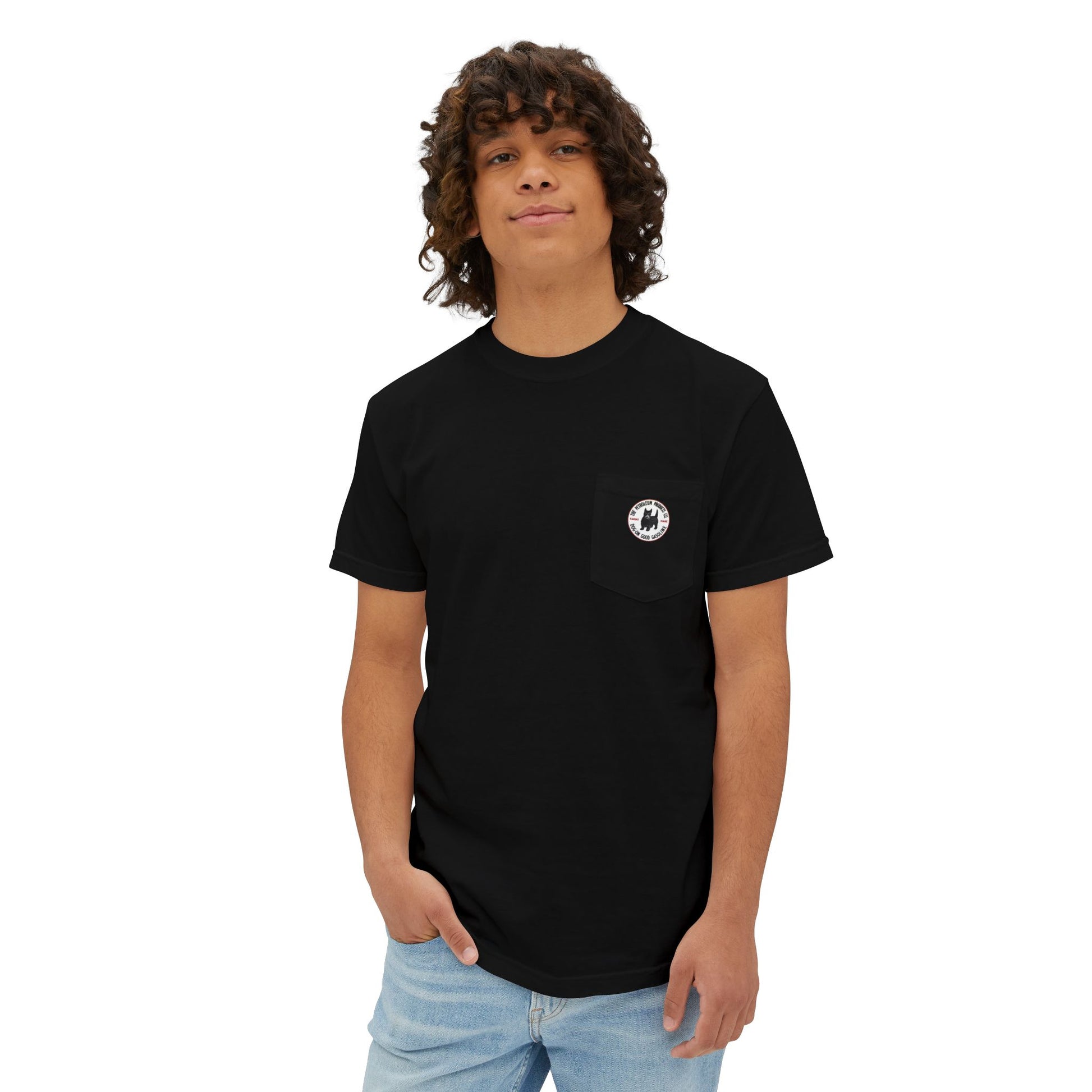 Dog-On Good Gasoline pocket tee color variants — vintage Scottie dog petroliana — The Faded Label Co.