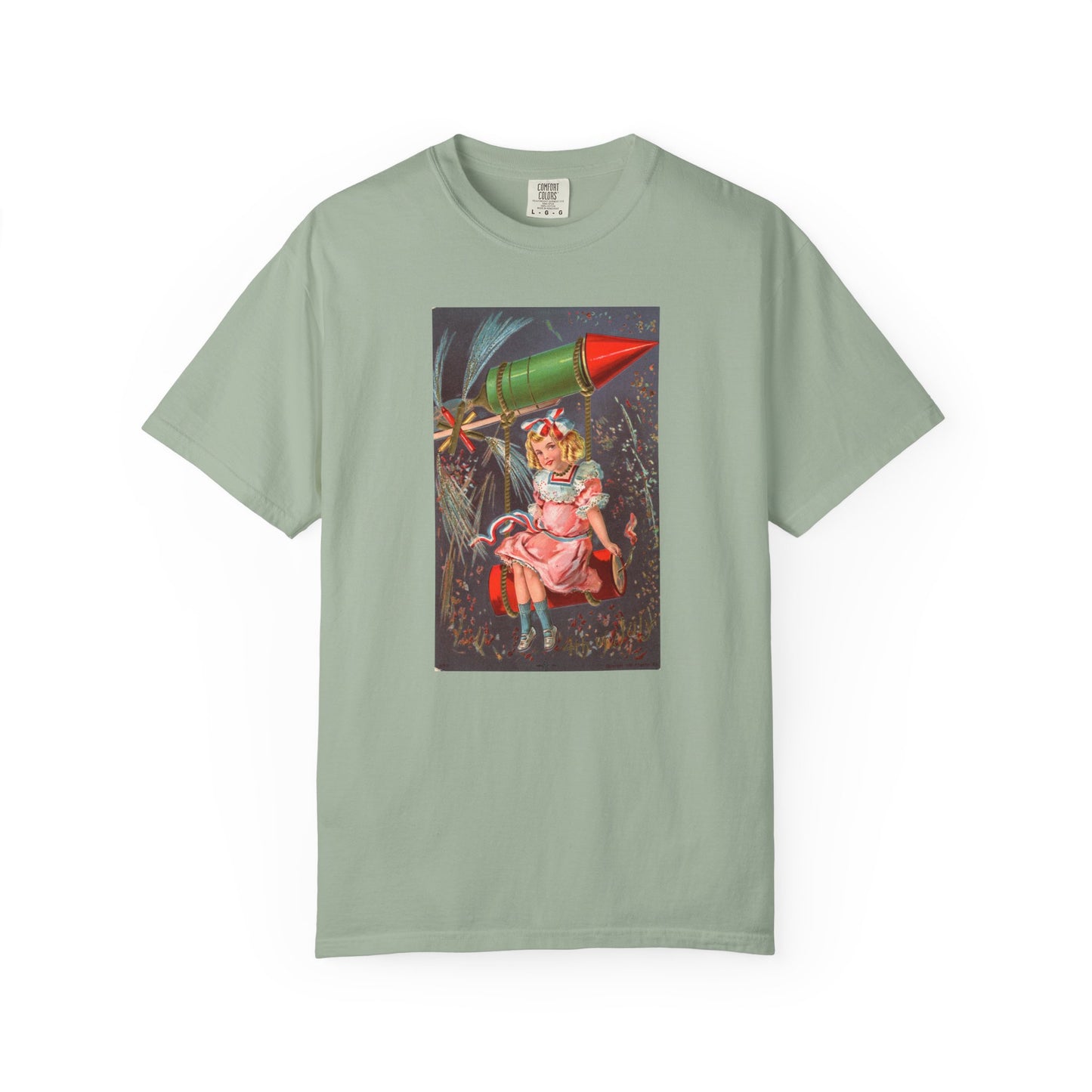 1907 Rocket Girl t-shirt blue spruce — vintage 4th of July postcard art — The Faded Label Co.