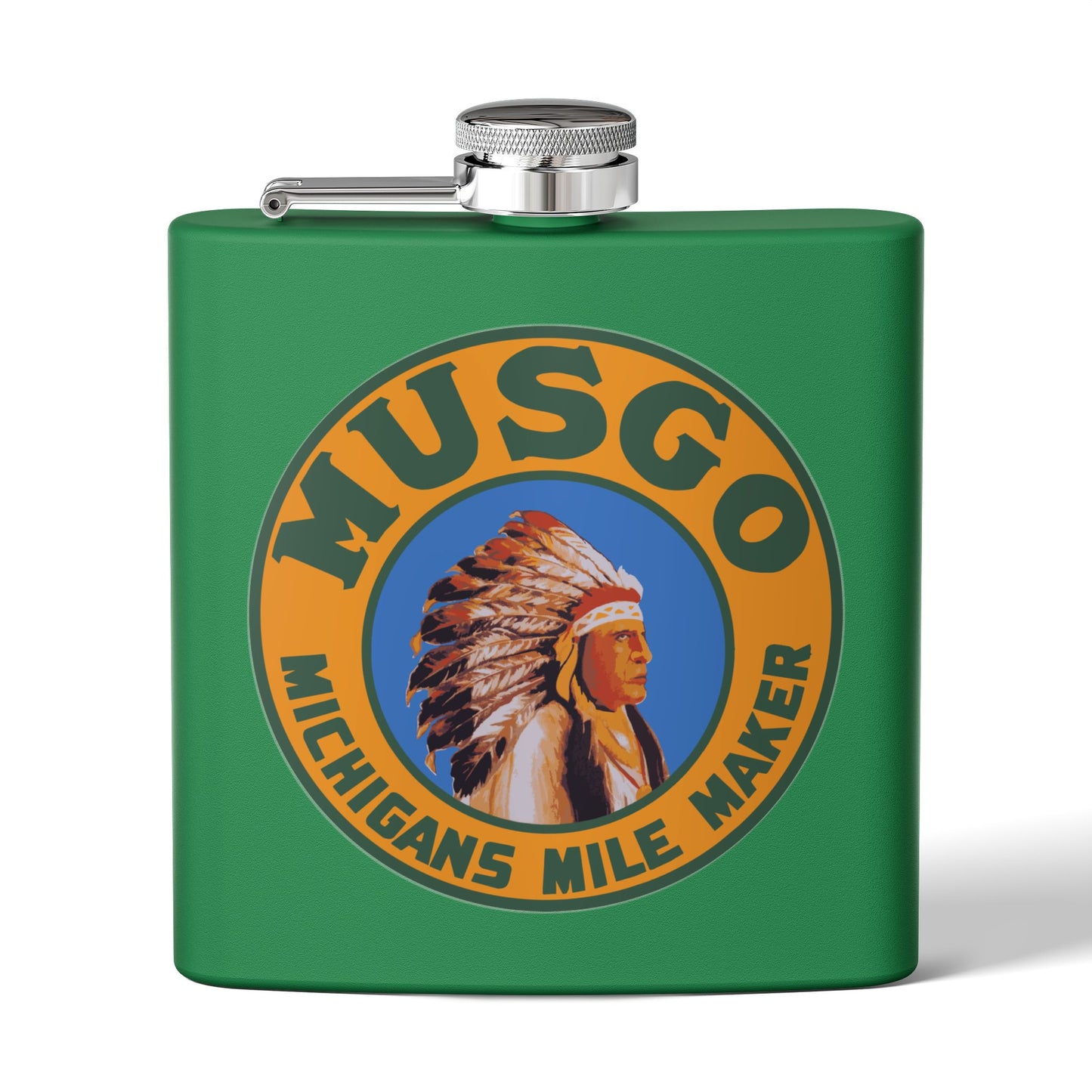 Musgo flask lifestyle — vintage Michigan petroliana gift — The Faded Label Co.