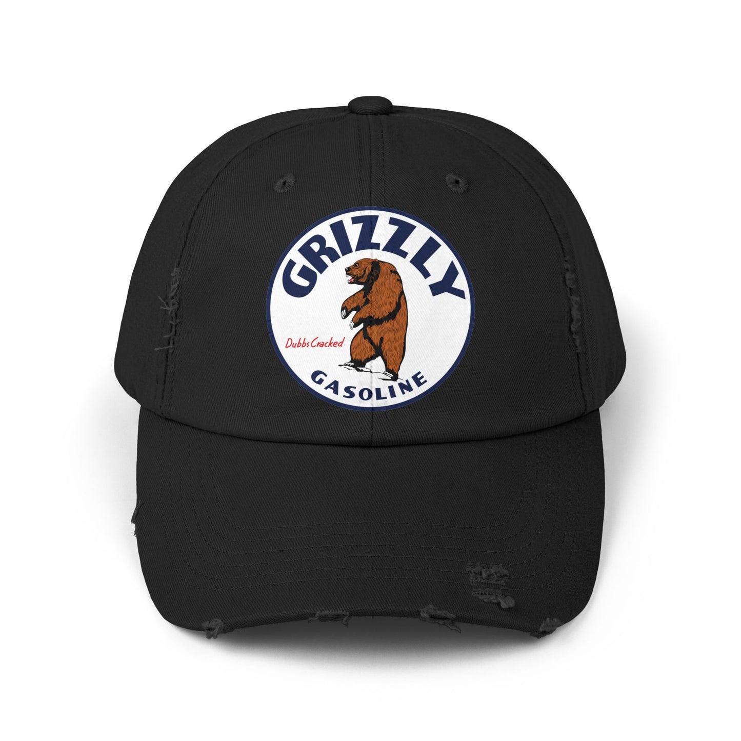 Grizzly Gasoline distressed cap black — vintage Montana petroliana hat — The Faded Label Co.