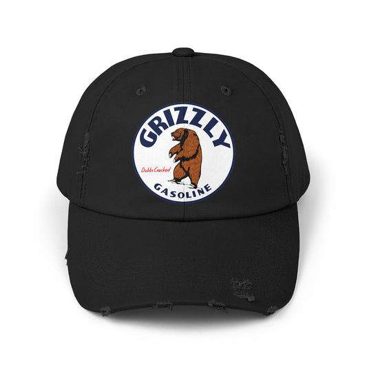 Grizzly Gasoline distressed cap black — vintage Montana petroliana hat — The Faded Label Co.