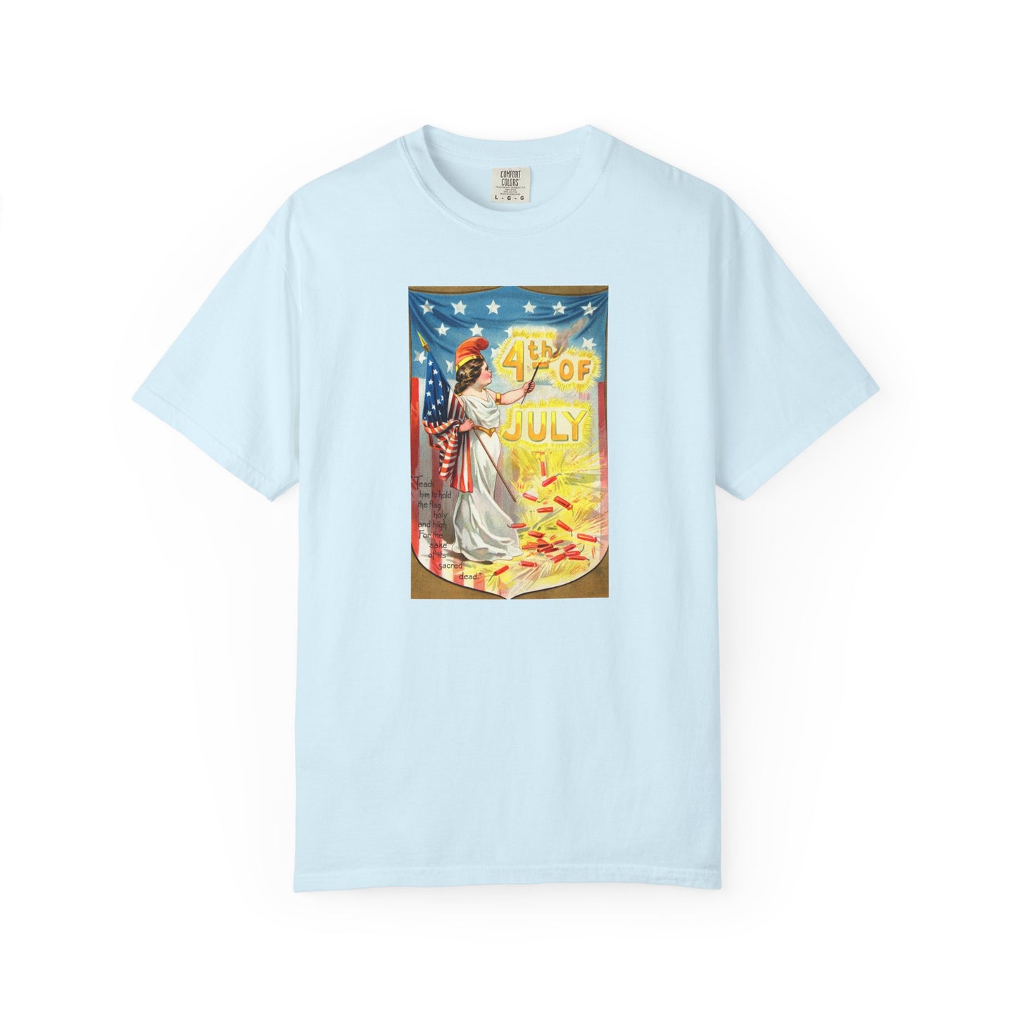 4th of July Flag Girl t-shirt true navy — vintage Columbia patriotic postcard art — The Faded Label Co.