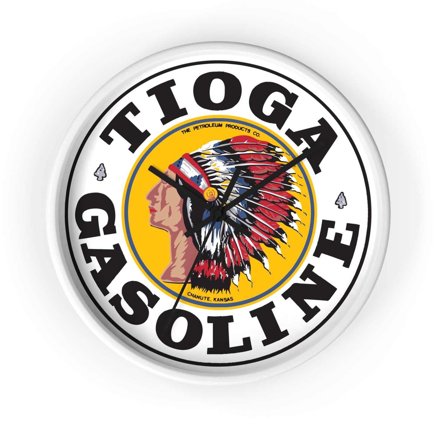 Tioga Gasoline wall clock black base — vintage petroliana decor — The Faded Label Co.