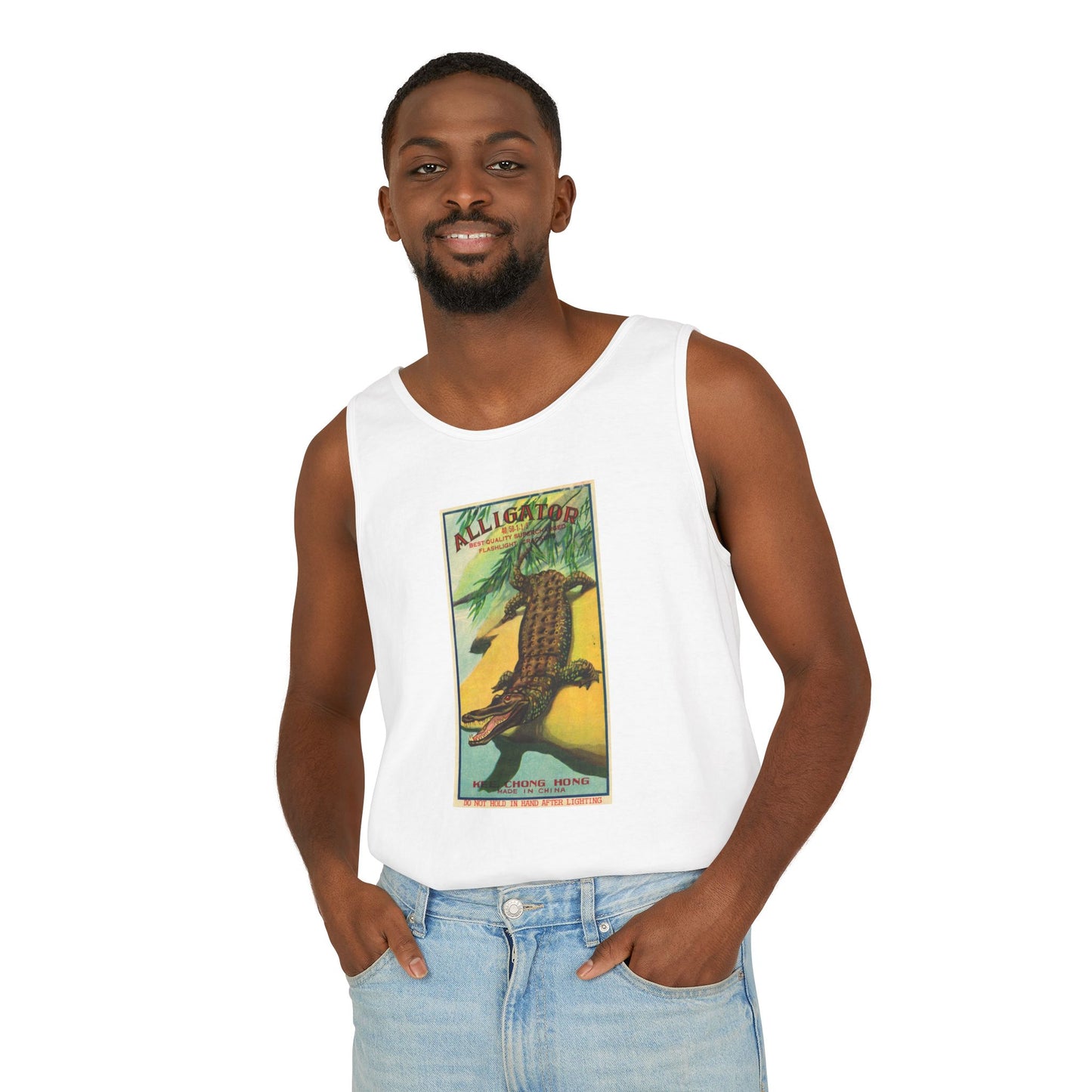 Alligator Firecrackers unisex tank flat lay — vintage fireworks art — The Faded Label Co.