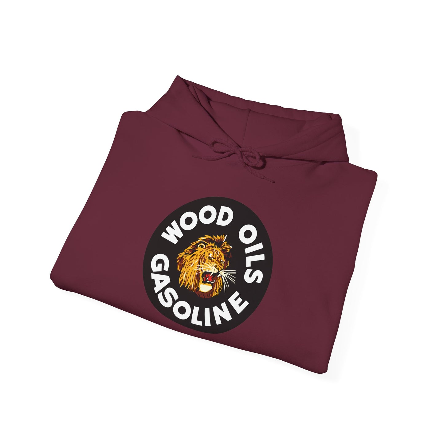 Lion Emblem Gasoline Hoodie — 'Wood Oils Gasoline' Retro Logo Sweatshirt