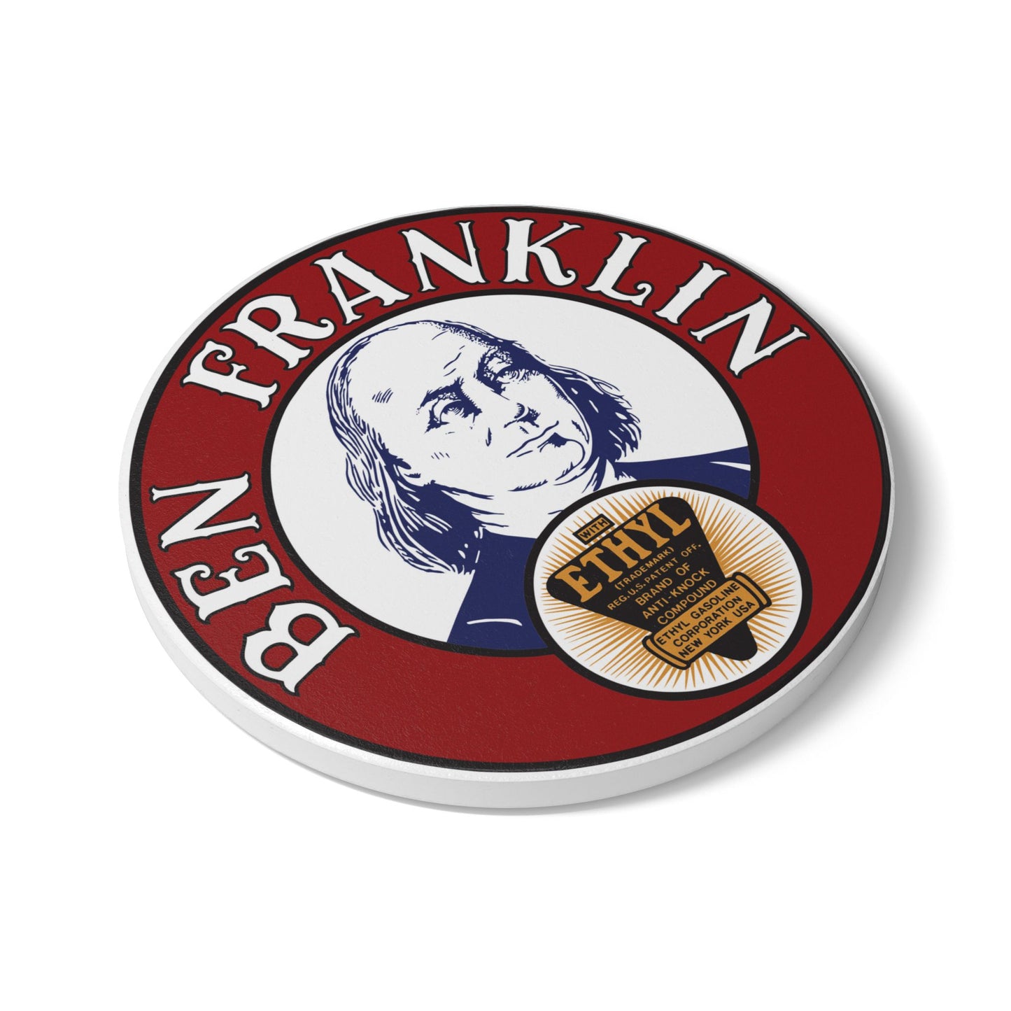 Ben Franklin Gasoline ceramic coaster lifestyle — vintage petroliana decor — The Faded Label Co.