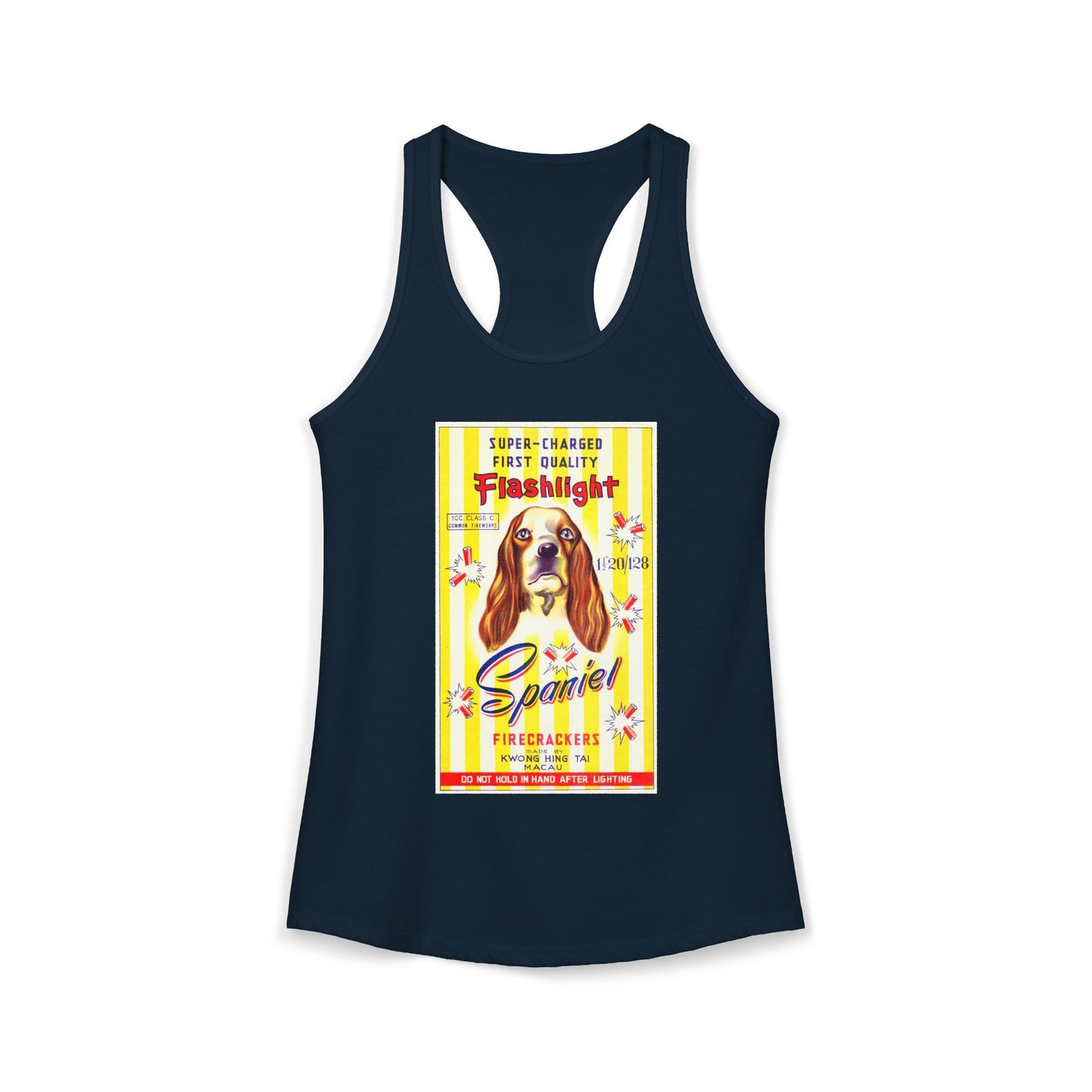 Spaniel Brand Firecrackers racerback tank red — vintage firecracker label graphic — The Faded Label Co.