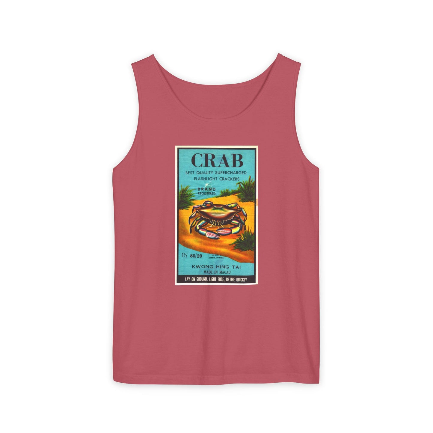 Crab Brand Firecrackers tank top blue jean — Comfort Colors garment-dyed — The Faded Label Co.
