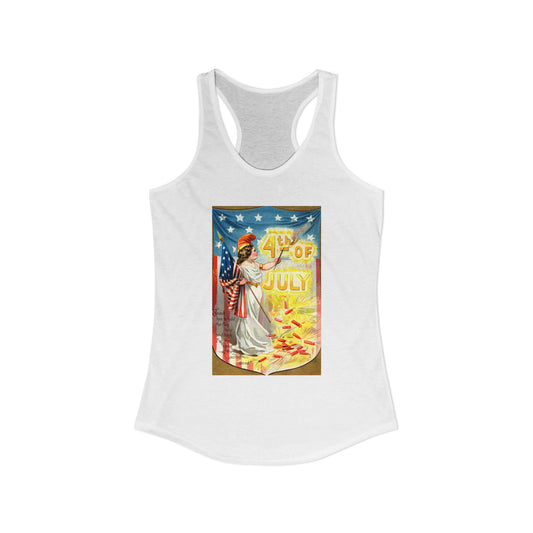 4th of July Flag Girl racerback tank midnight navy — vintage Columbia patriotic postcard art — The Faded Label Co.