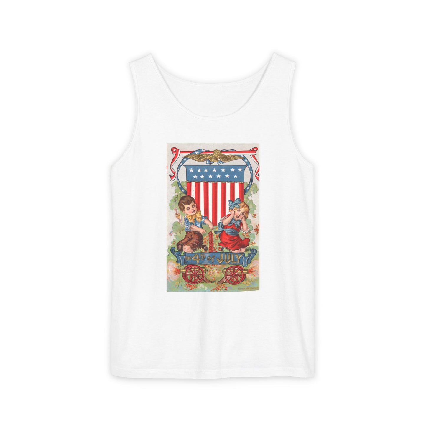 1908 Fourth of July Wagon tank top chambray — vintage patriotic postcard art — The Faded Label Co.