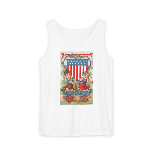 1908 Fourth of July Wagon tank top chambray — vintage patriotic postcard art — The Faded Label Co.