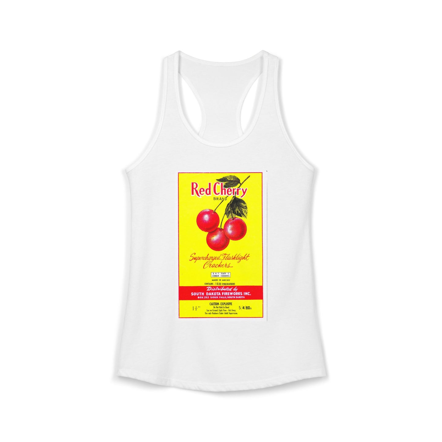 Red Cherry Brand Firecrackers women's racerback tank top — vintage 4th of July fireworks art — The Faded Label Co.