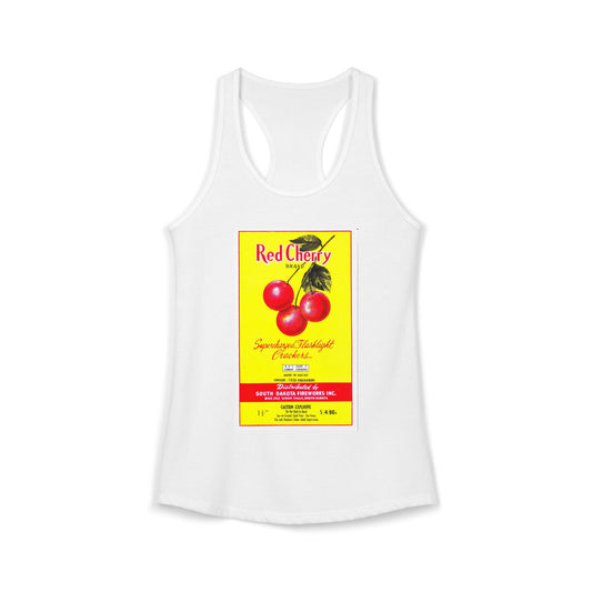 Red Cherry Brand Firecrackers women's racerback tank top — vintage 4th of July fireworks art — The Faded Label Co.