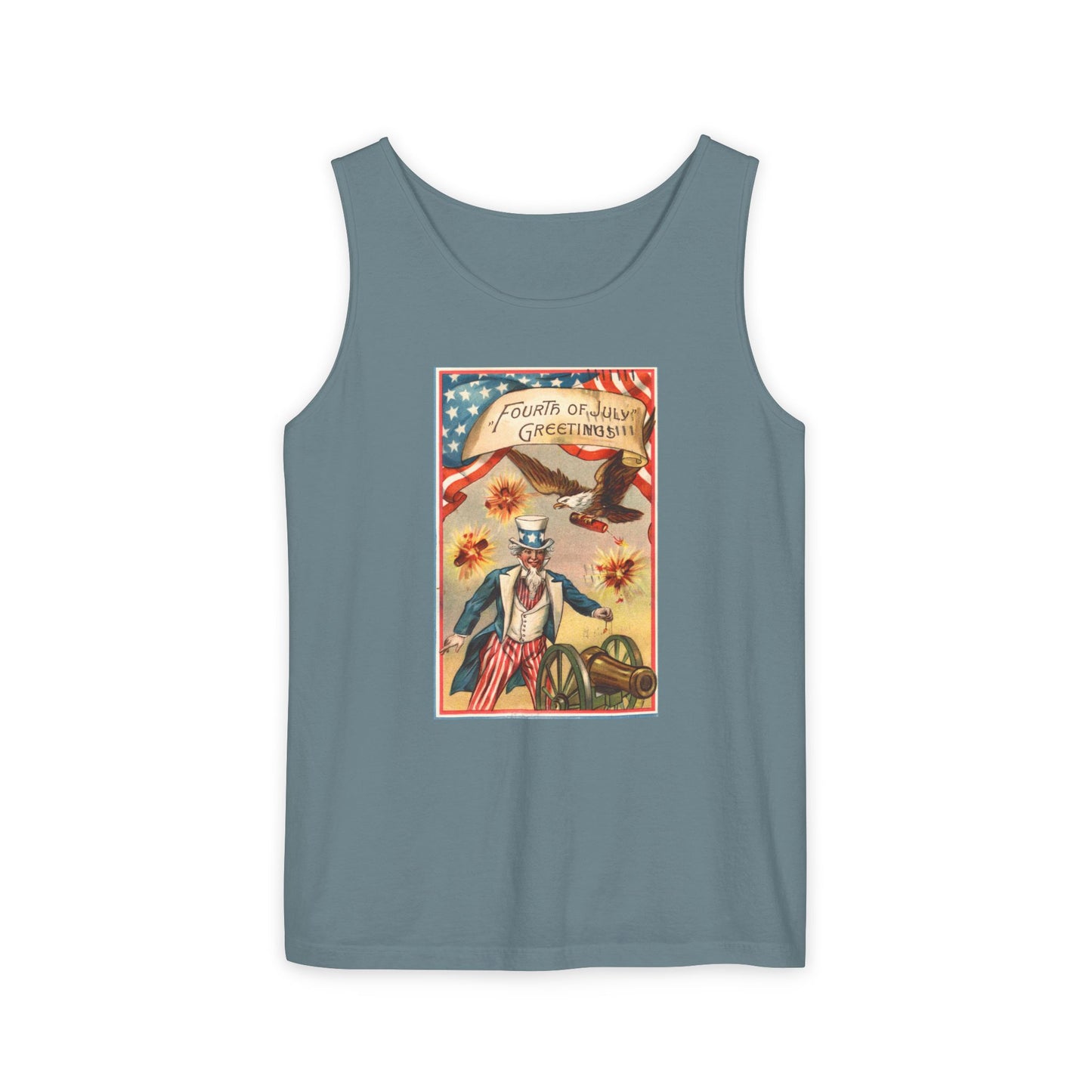 Fourth of July Greetings Uncle Sam tank top ice blue — vintage patriotic postcard art — The Faded Label Co.