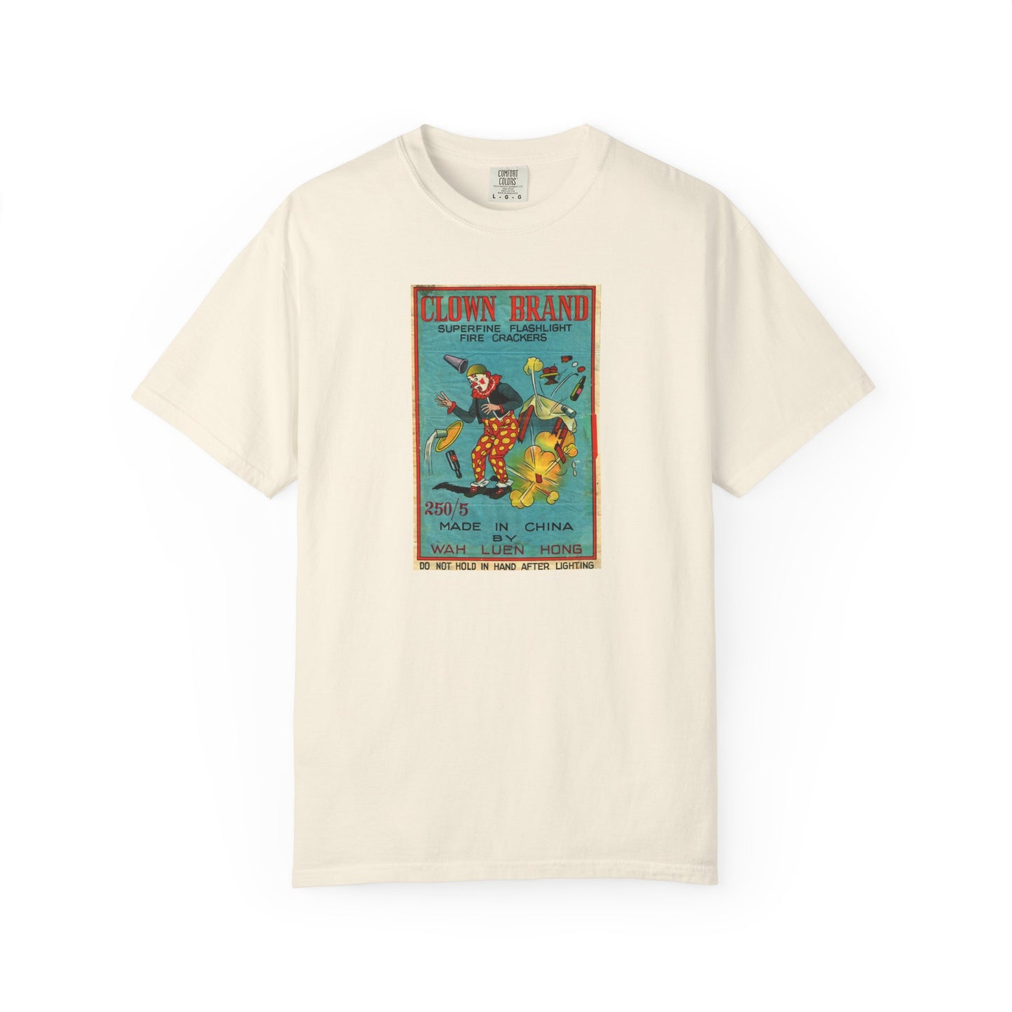 Clown Brand Firecrackers t-shirt white — vintage fireworks label graphic tee — The Faded Label Co.
