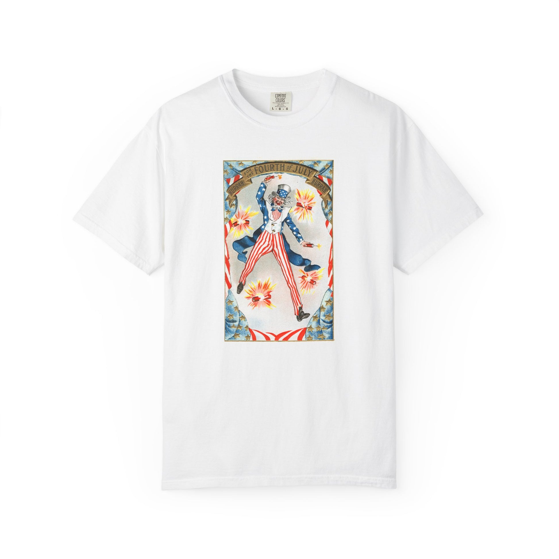 Hurrah Fourth of July Uncle Sam t-shirt white — vintage patriotic postcard art — The Faded Label Co.