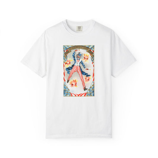 Hurrah Fourth of July Uncle Sam t-shirt white — vintage patriotic postcard art — The Faded Label Co.